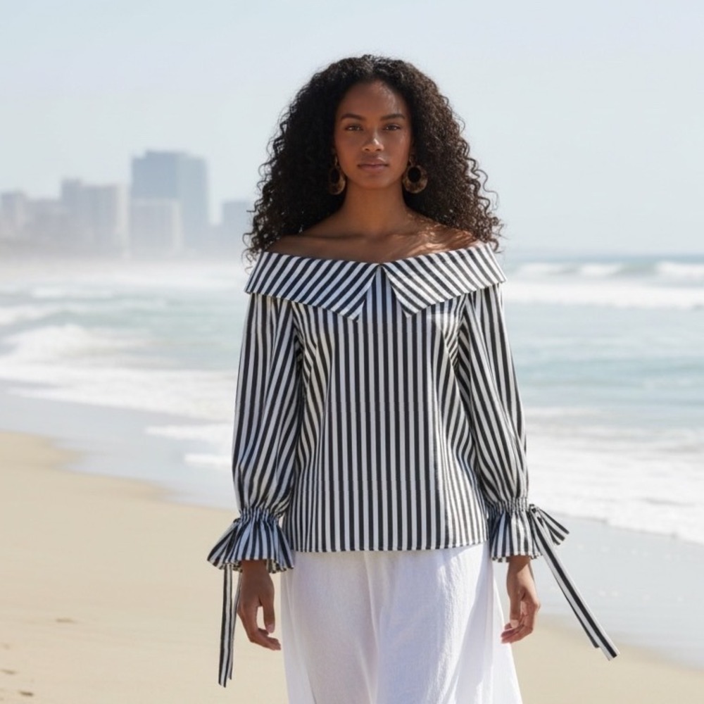 Parisian Chic Off Shoulder Striped Blouse Boho Coastal Tie Sleeve Top L